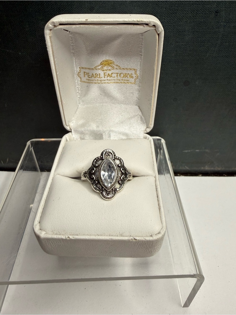 Modern Silver Tone Marquis Rhinestone Ring